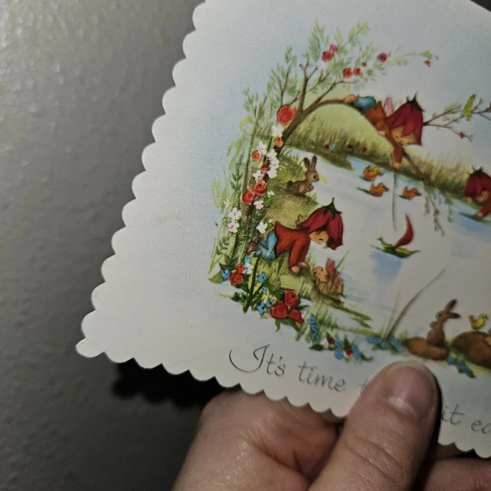 VTG Get Well Greeting Card Child Lake Bunny Duck Scalloped Edges Famous Artists